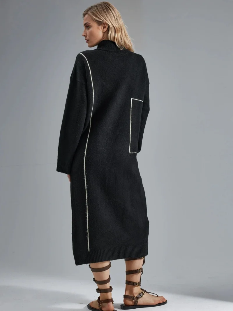 MY FASHION Black MY FASHION Polo Collar Ribbed Midi Knit Dress for Women | Best Price UAE